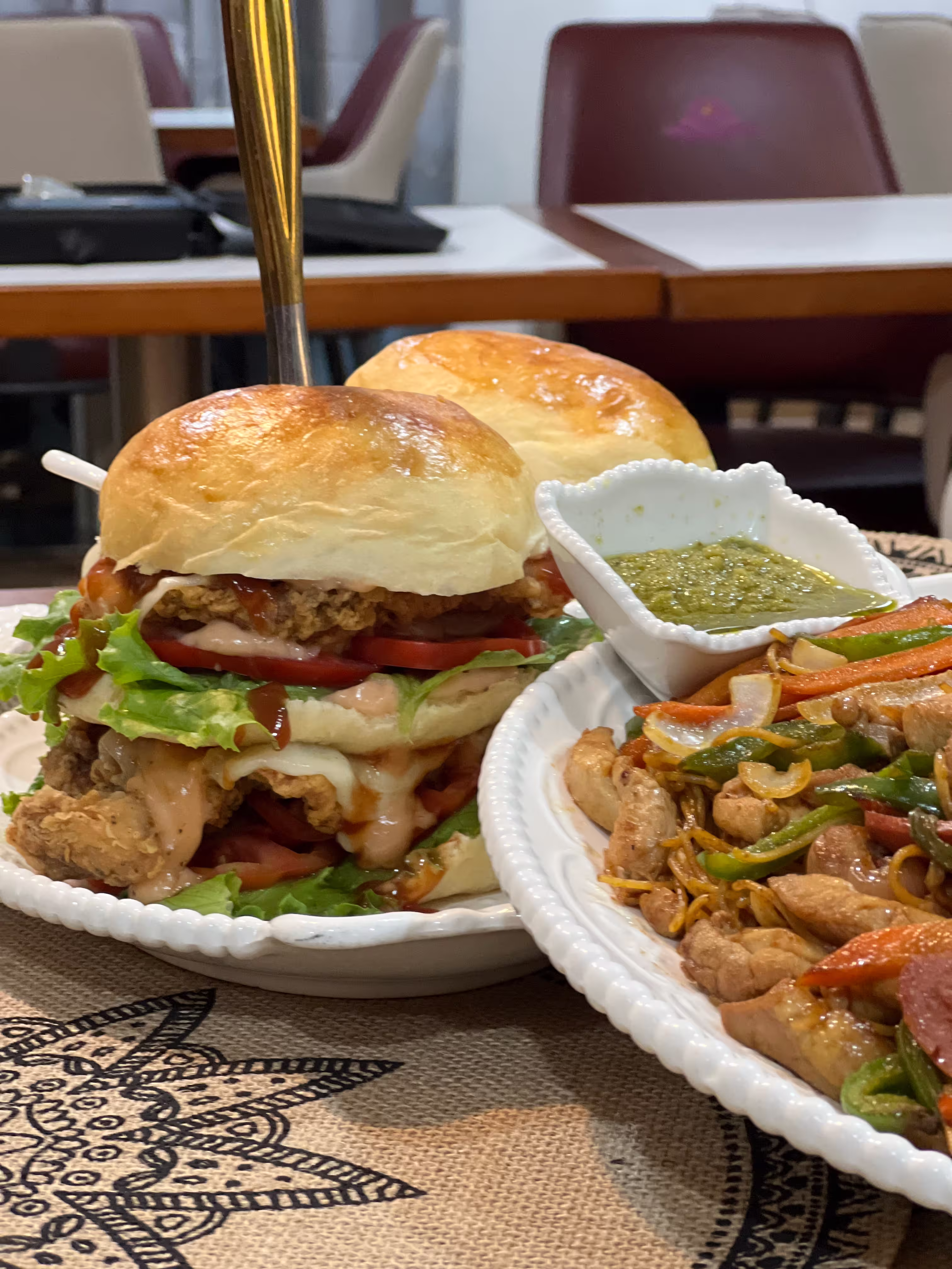 Burger and noodles at Jemima Grace Hotel restaurant